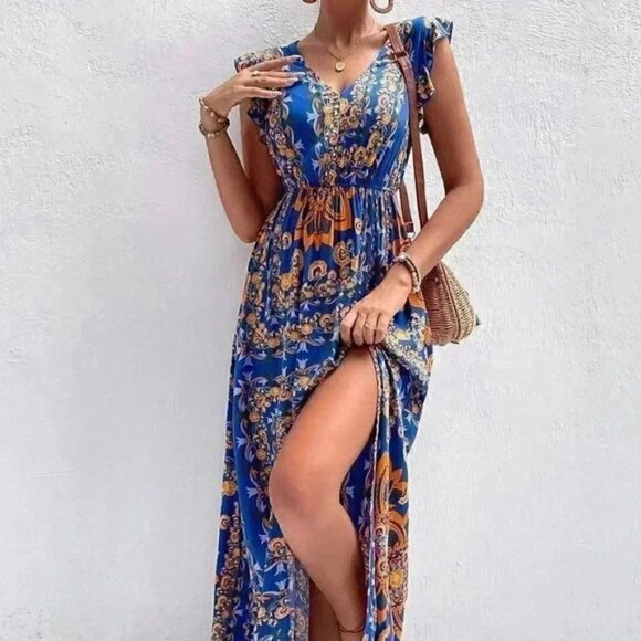 Navy Blue Casual Womens Scarf Print Ruffle Trim Split Thigh Dress Withou… - Picture 1 of 5